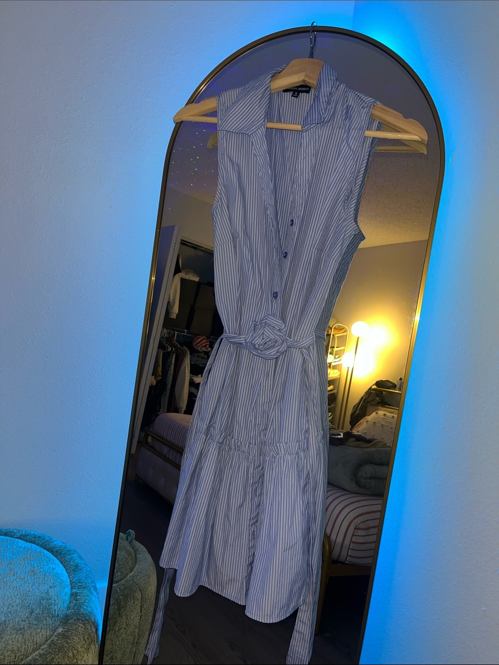 Sleeveless Light Blue Striped Shirt Dress with Waist Knot